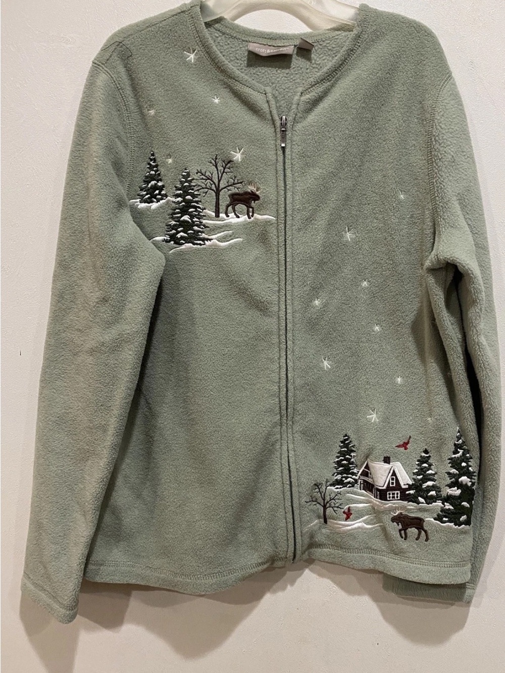 Croft Barrow Sweater Women S Green Round Neck Winter Embroidery Fleece Snow Zip